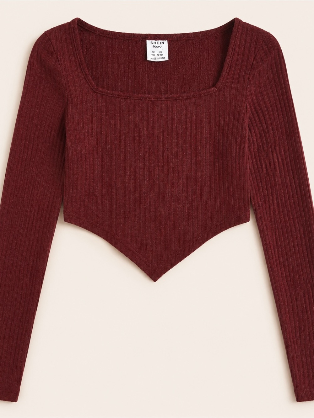 SHEIN Women's Maroon Ribbed Square Neck Pointed-Hem Crop Top